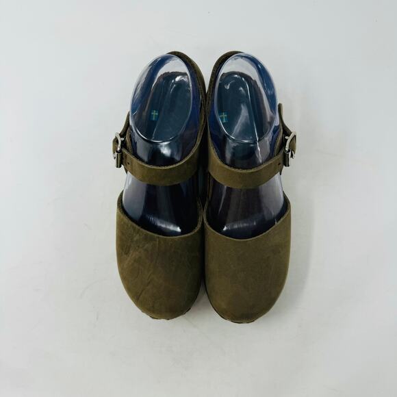 Lotta from Stockholm Green Leather Clogs Wooden Heels Adjustable Strap Size 37 - Picture 6 of 15